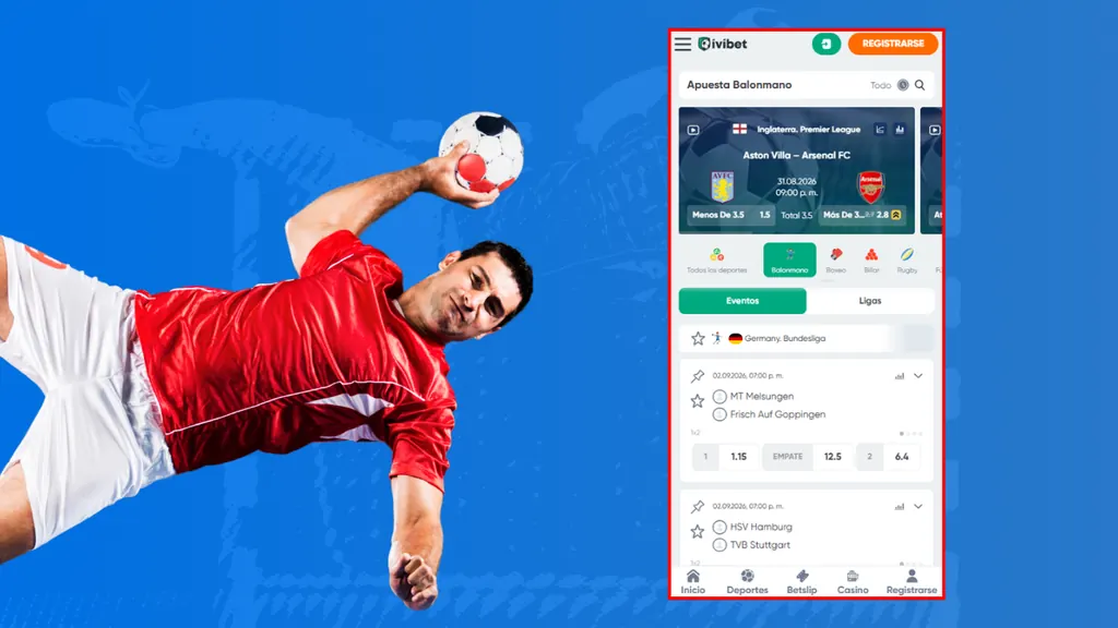 Sección de balonmano en la app móvil de Ivibet, con los partidos de la Bundesliga alemana y las cuotas del mercado 1X2