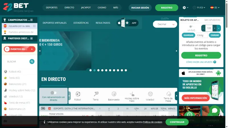 Captura 2 de la web de 22bet en español